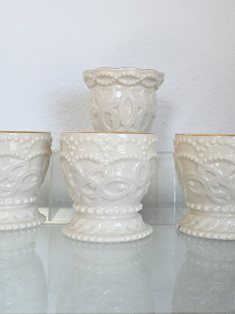 Lot of 4 Lenox Classic Beaded 3" Tea Lights Cream Gold Trim - 2 styles